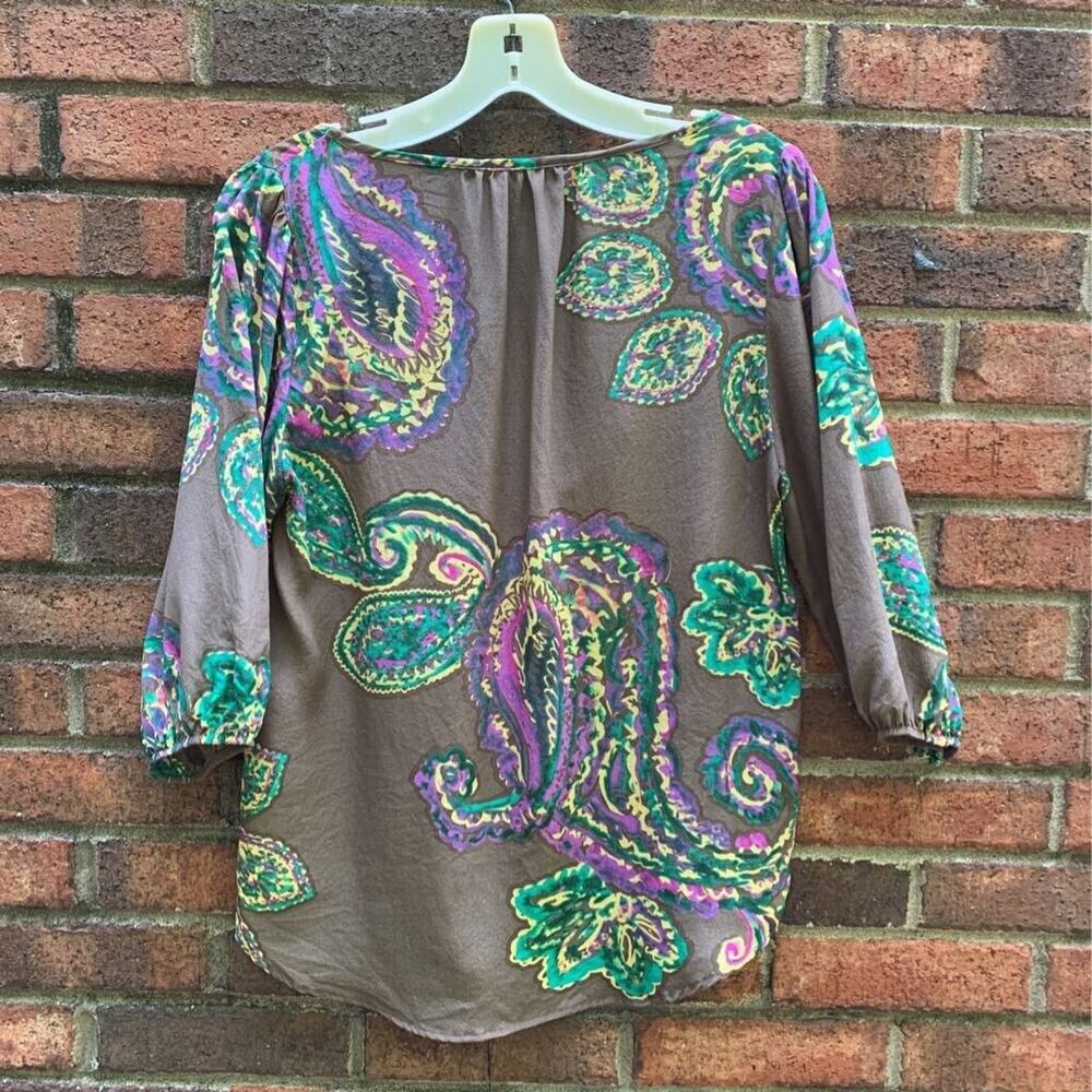 Glam Womens Blouse Brown Purple Paisley 3/4 Sleeve Notch Neck High Low Silk S - Picture 2 of 6